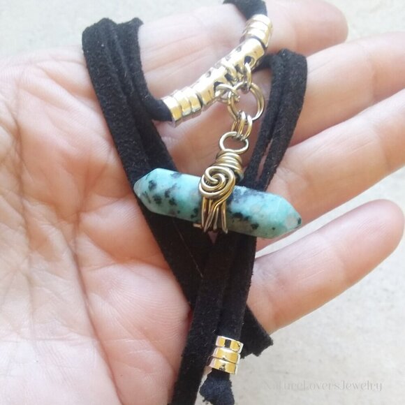 Unique Rustic Rugged Tomboy Necklace ~ Blue Kiwi Jasper + Black Cordage - Picture 7 of 8